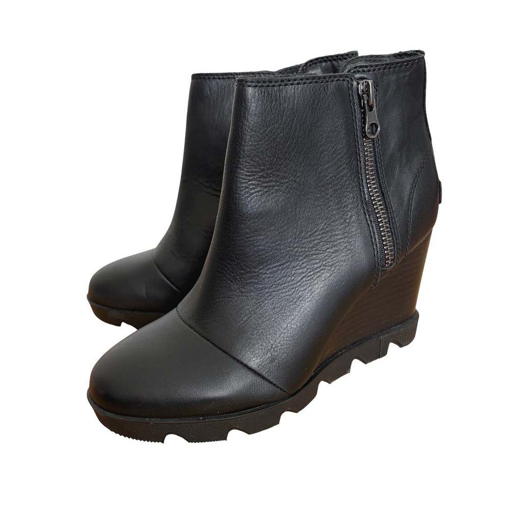 Sorel Evie II Zip Black Leather Wedge Ankle Boots NL4387-010 Womens 8